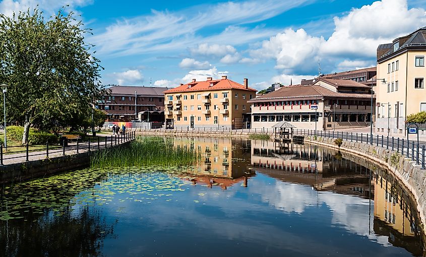 Panoramic view of Falun reflecting in the Nybron river.