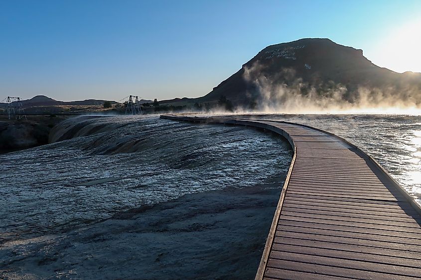 Landscape of wooden path through hot springs at Hot Springs State Park in Thermopolis, Wyoming.