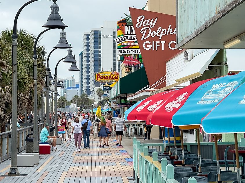 Myrtle Beach Boardwalk with Shops and Tourists.