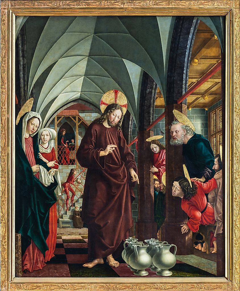 The Wedding at Cana at the St. Wolfgang Altarpiece of the Catholic parish- and pilgrimage church St. Wolfgang im Salzkammergut, Upper Austria