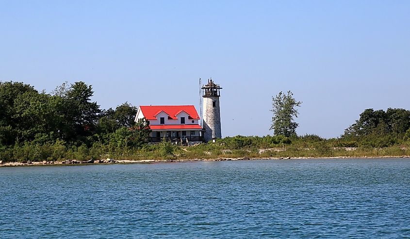 Restored Charity Island lighthouse on Saginaw Bay on Lake Huron, Michigan