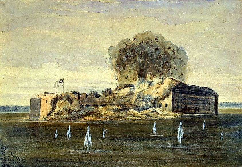 The Civil War, exterior view of Fort Sumter, a Confederate flag flying as the fort explodes, South Carolina, by A. Vizitelly, 1863.