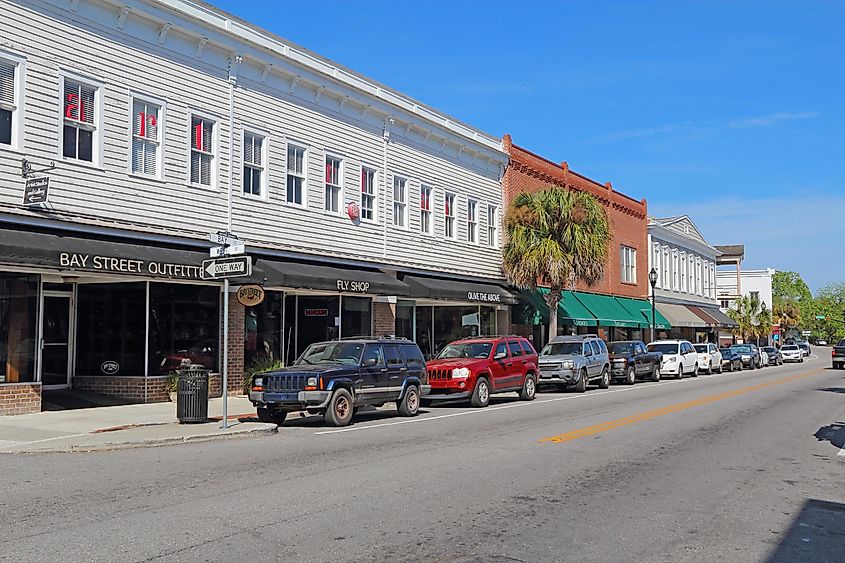 Businesses on Bay Street near the waterfront in the historic district of downtown Beaufort, the second-oldest city in South Carolina.