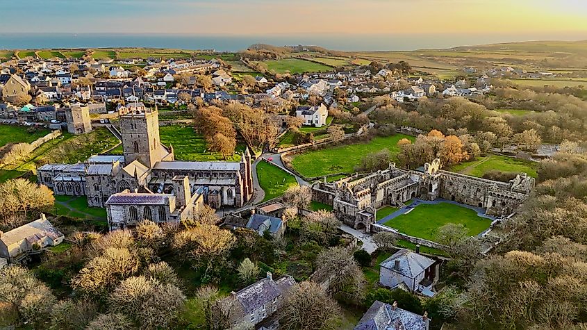Sunset over St Davids Cathedral and the Bishop’s Palace in Pembrokeshire, Wales
