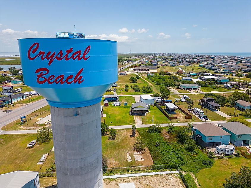 Aerial view of Crystal Beach Water Tower in Crystal Beach, Texas.