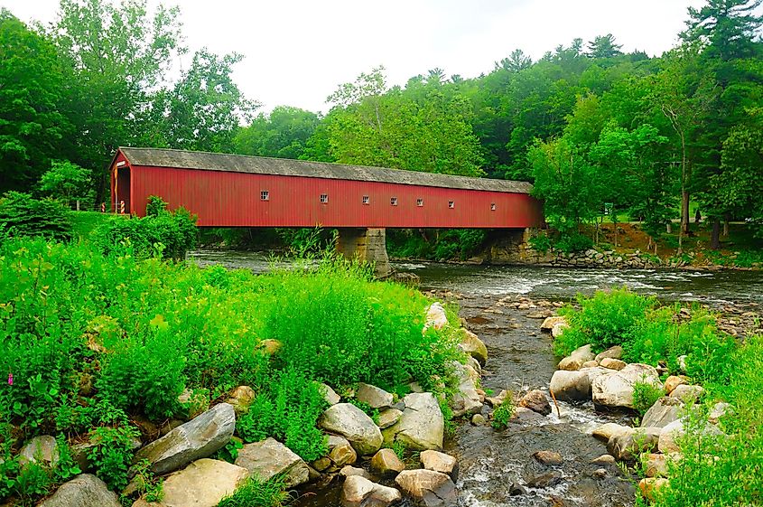 The landmark West Cornwall covered bridge over the Housatonic River in West Cornwall Connecticut 