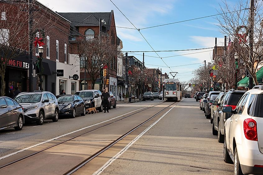 A SEPTA tram is going through the historic downtown in Media, Pennsylvania