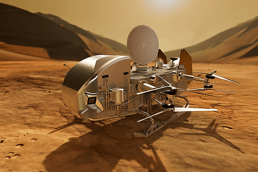Artist's impression of the Dragonfly spacecraft on the surface of Titan