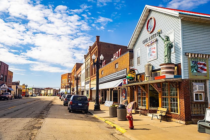 Downtown street view along Main Street with local businesses in Savanna Illinois