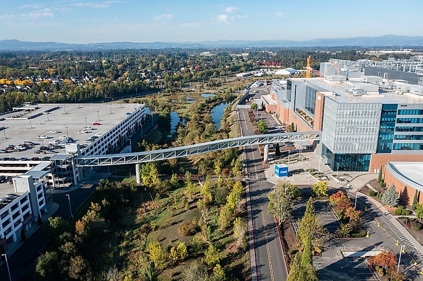 Aerial drone photo of Intel's largest campus in Hillsboro, Oregon