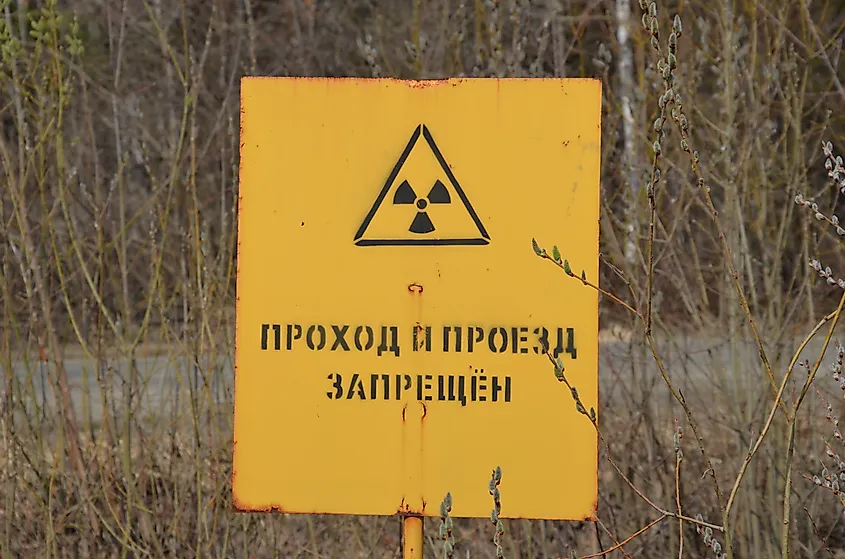 Warning sign at the Mayak nuclear reprocessing plant near Lake Karachay, Russia.