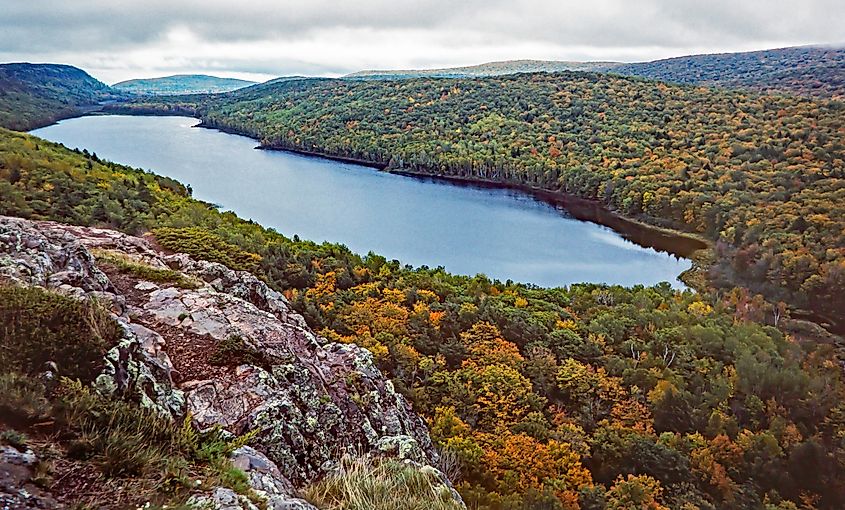 A bird’s eye view of autumn on Lake of the Clouds in the Porcupine Mountains Wilderness State Park in Michigan’s Upper Peninsula.