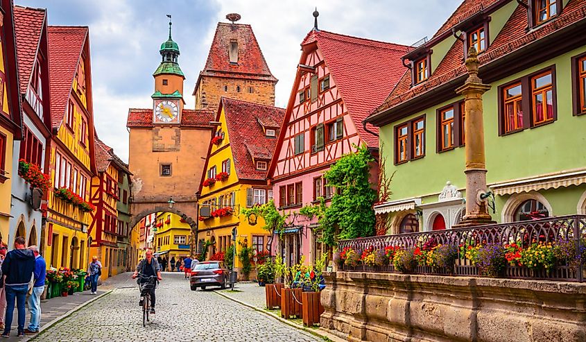 Beautiful streets in Rothenburg ob der Tauber with traditional German houses, Bavaria, Germany