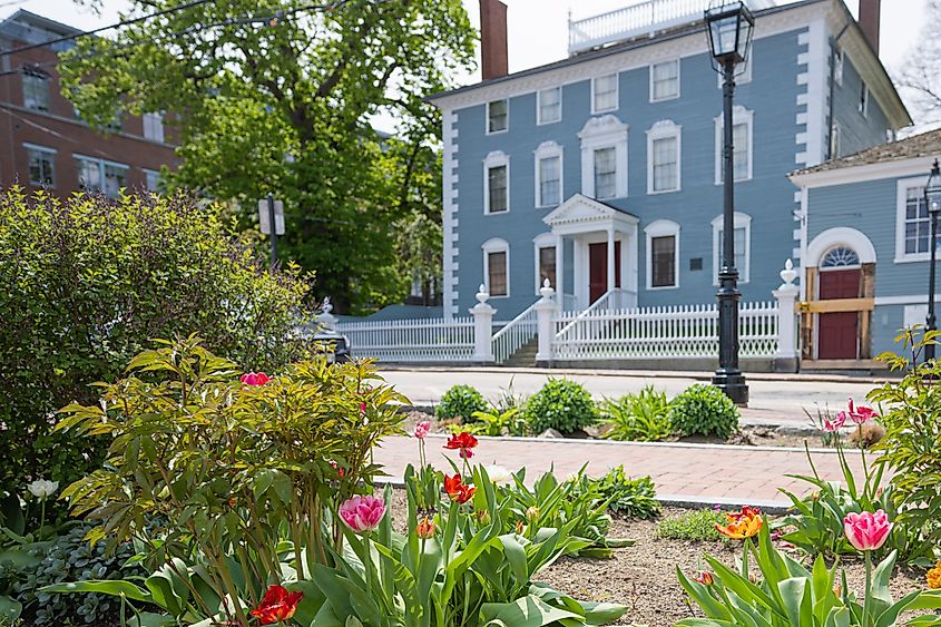 Flowers outside the historic Moffatt-Ladd House in Portsmouth, New Hampshire