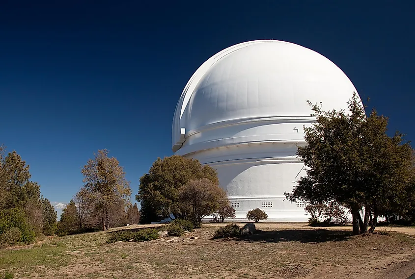 White dome of the Palomar telescope on the peak of Mt Palomar in California