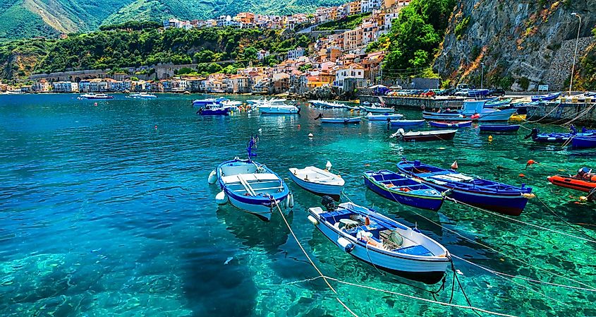 Boats along the coast in Scilla, Italy.