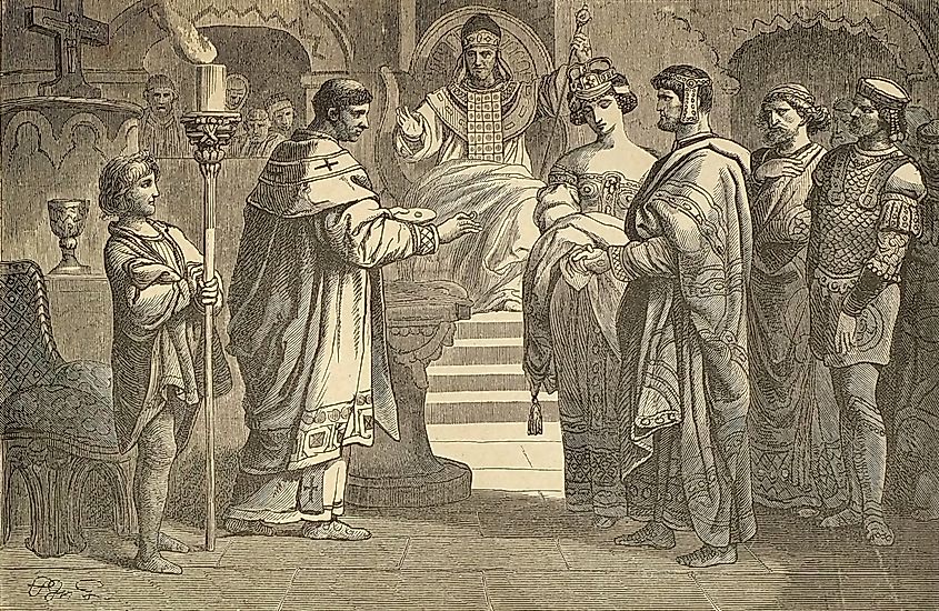 Theodosius gives Stillicho his niece (Serena) as his wife. Image credit: Peter Johann Nepomuk Geiger, Public domain, via Wikimedia Commons