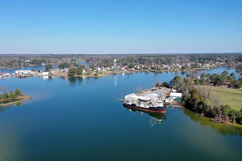 Drone shot over the bay of Reedville, Virginia, in the Northern Neck region of the United States.