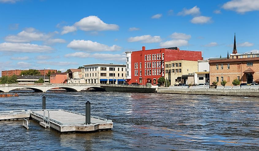 Riverfront and buildings in Janesville Wisconsin