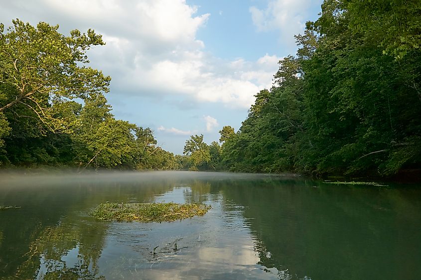 Tranquil scene of misty Eleven Point River, Missouri, USA.