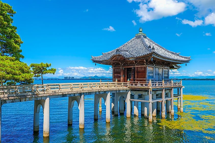 Shiga,Japan - July 29, 2022:Ukimido Mangetsuji Temple located by the beautiful shores of Lake Biwa in Shiga Prefecture, Japan.