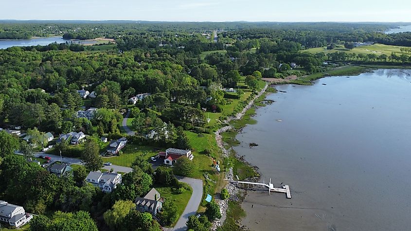 Drone photography of Falmouth, Maine during the Summer. Right next to Macworth Island, Maine’s coast is vibrant with blue and green colors. Falmouth is a lovely Maine town.