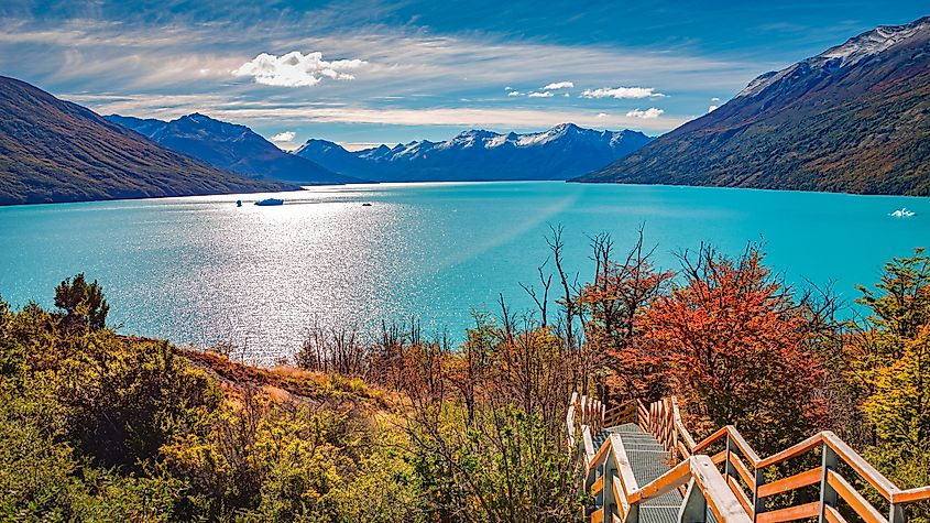 Panoramic over Lago Argentino and walking path, near Perito Moreno glacier in Patagonia with blue sky and turquoise water, South America, Argentina, in Autumn colors