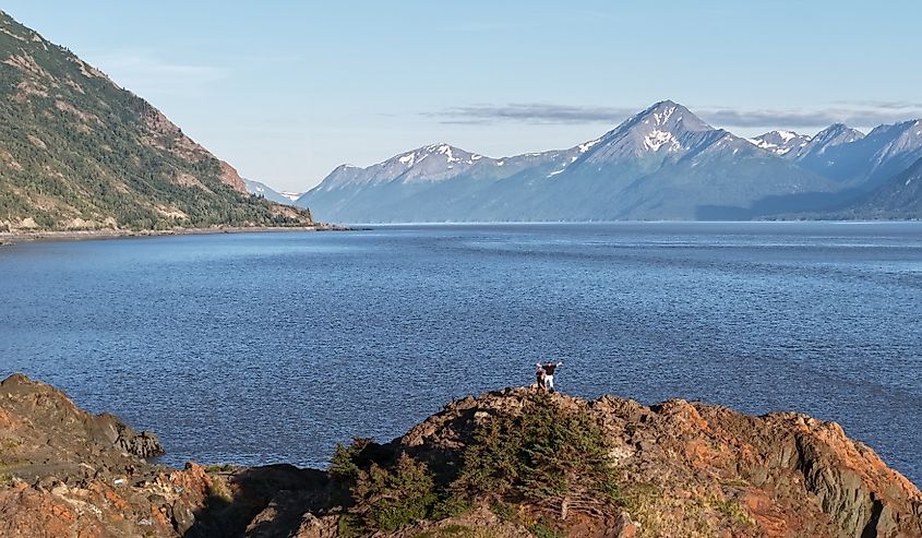 Drone aerial view of Beluga Point along the Seward Highway near Anchorage, Alaska
