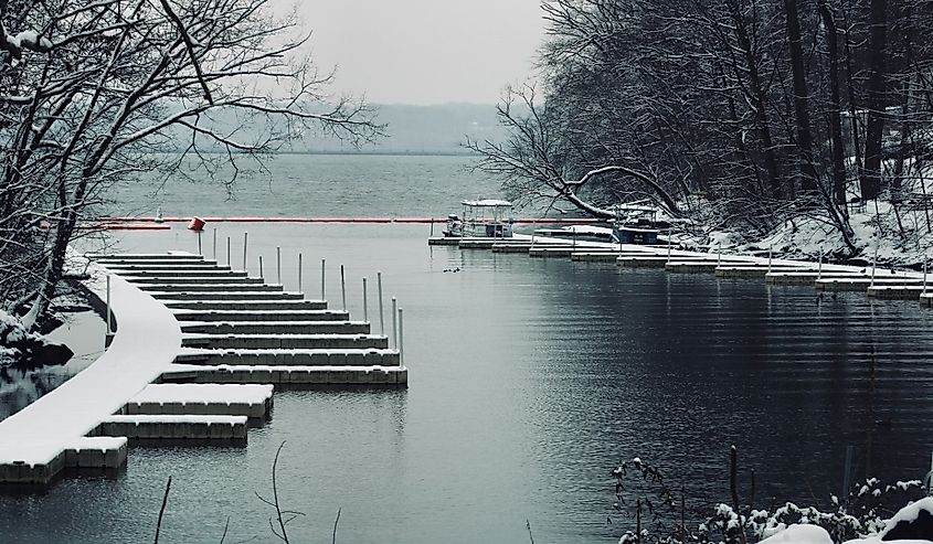 Glen Cove Marina in Darlington, Maryland in the snow