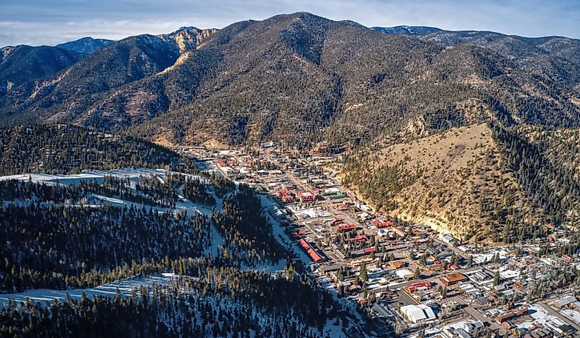 Aerial View of Red River Ski Town in New Mexico Mountains