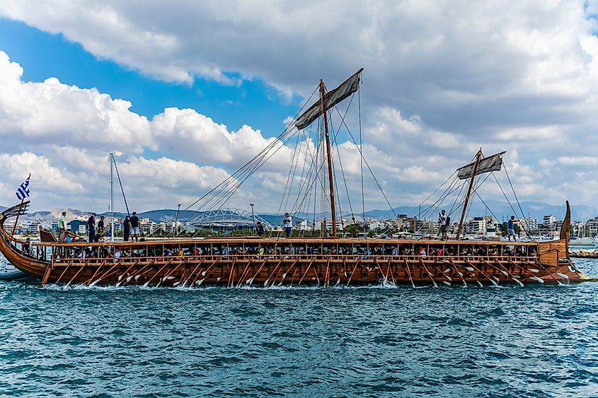 Side view of Athenian Trireme "Olympias", a replica of ancient warship of 5th BC century.