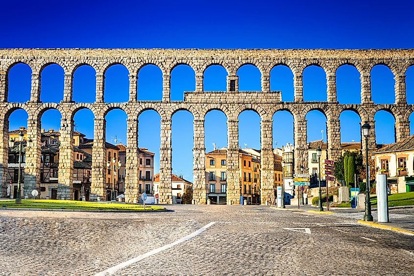 Segovia, Spain. Town view at Plaza del Artilleria and the ancient Roman aqueduct, Castilla y Leon