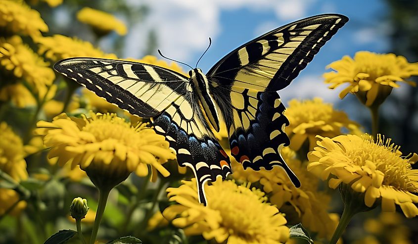 Eastern tiger swallowtail butterfly close-up on flower background.