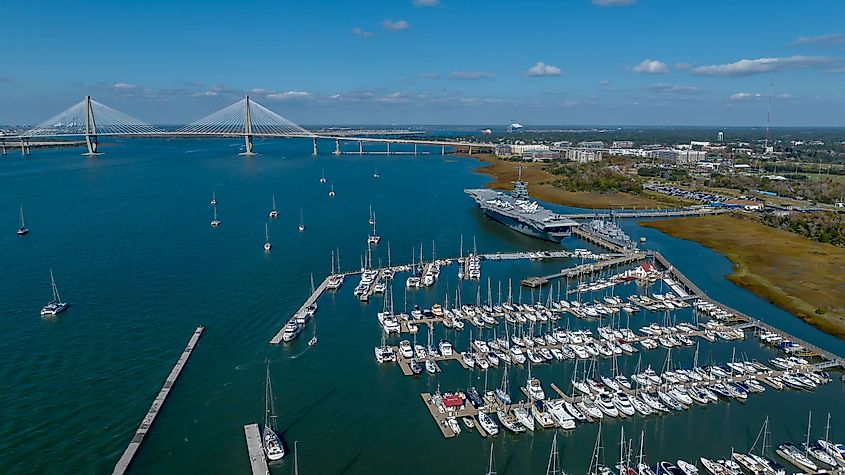 Aerial View Of The USS Yorktown at Patriots Point, Mount Pleasant, South Carolina.