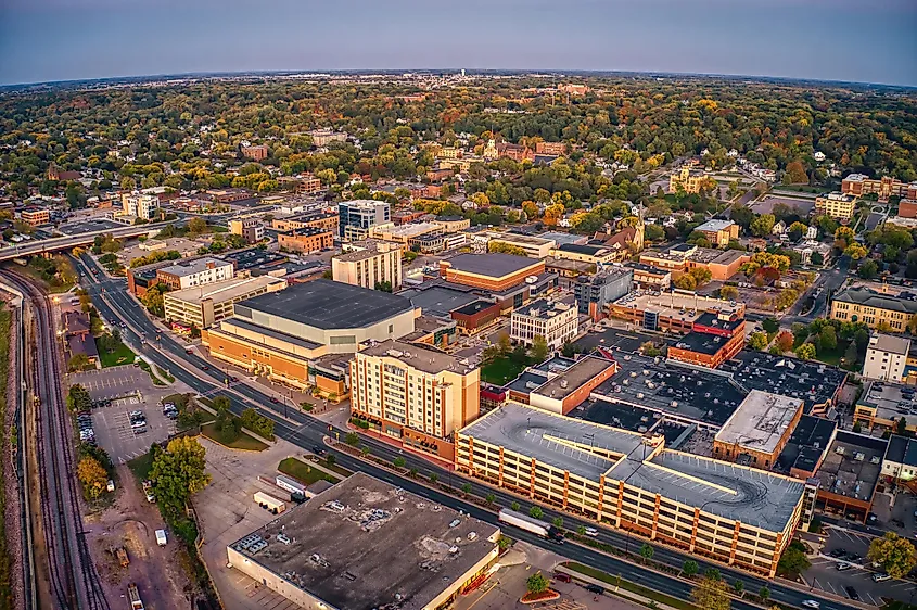 Aerial view of Mankato, Minnesota at Dusk