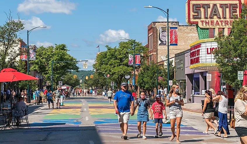 Busy Front Street in downtown Traverse City, Michigan.