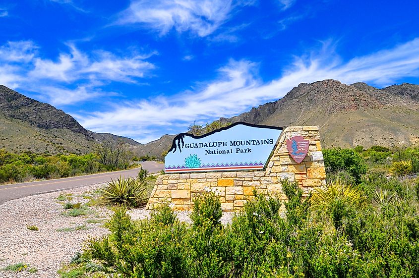 Entrance sign at the Guadalupe Mountains National Park in Texas