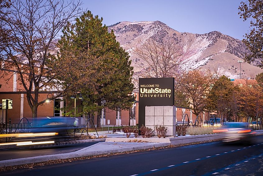 The entrance sign to the campus of Utah State University in Logan, Utah