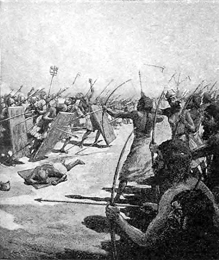 Battle between the Sumerians (left) and the Semites led by Sargon, armed with bows and arrows