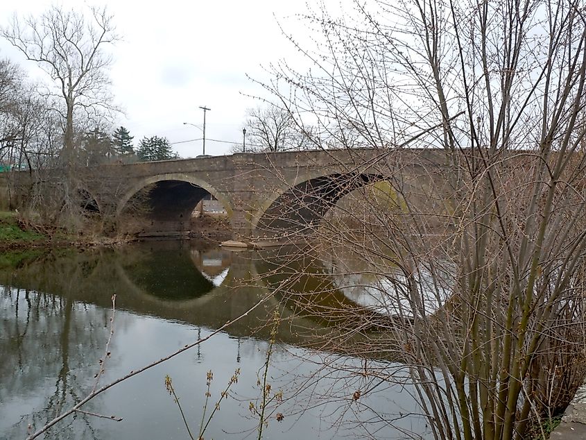 Perkiomen Bridge carrying Ridge Pike over Perkiomen Creek in Montgomery County, Pennsylvania.