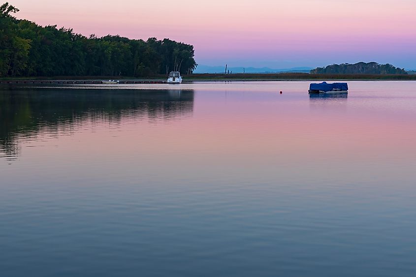 Early morning on Lake Champlain and Saint Albans bay of northern Vermont. 