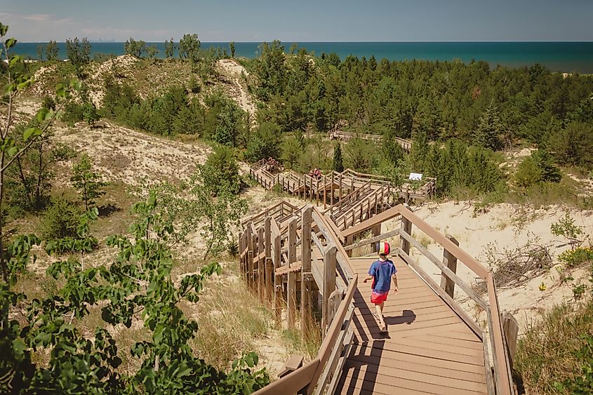 Boy hiking along dune succession trail in Indiana Dunes National Park