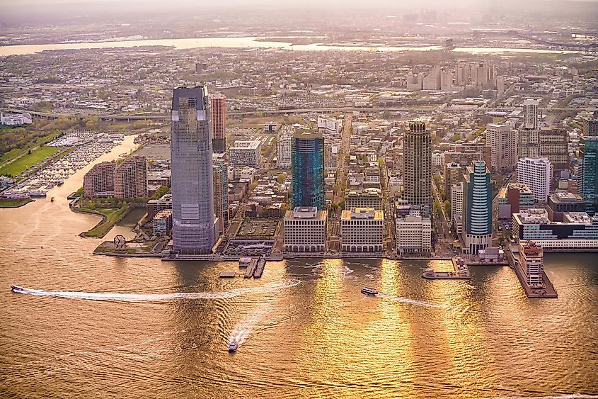 View of Jersey City from New York at sunset.