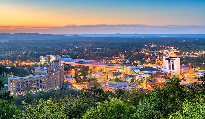 Hot Springs, Arkansas, town skyline from above at dawn.