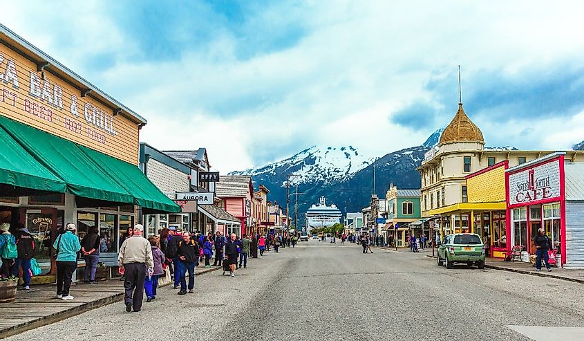 People on the street in downtown Skagway in the summer months.