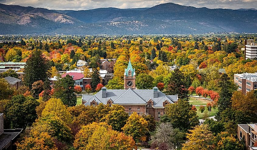 View of UM bell tower from Mount Sentinel in Missoula, Montana