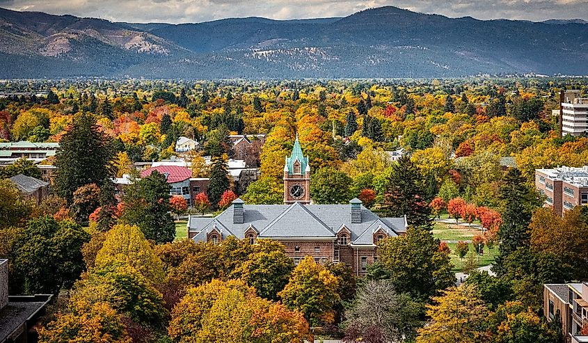 View of UM bell tower from Mount Sentinel in Missoula, Montana.