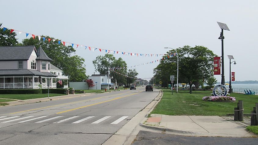 Looking north along St. Clair River Drive in Algonac, Michigan