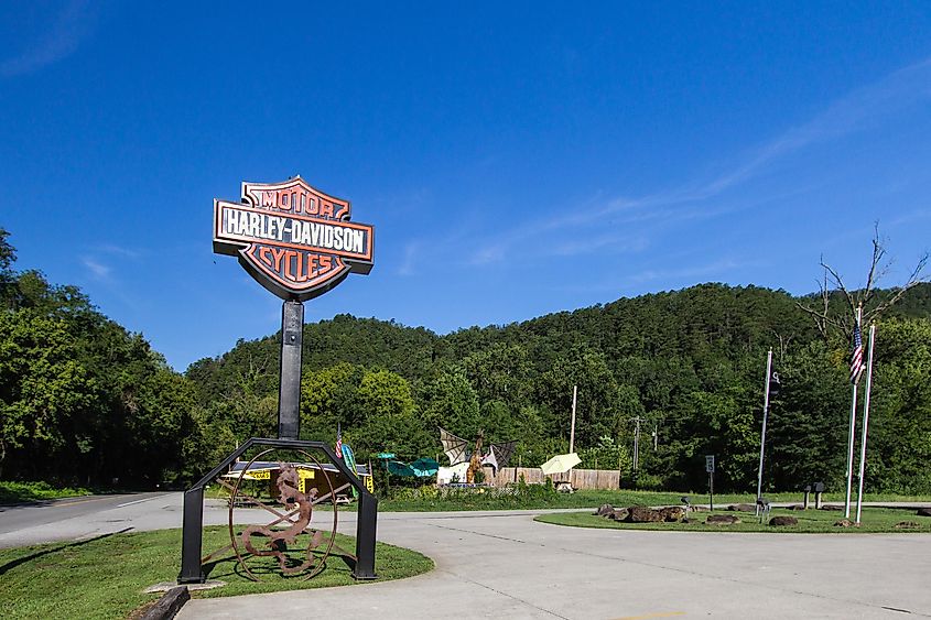 Sign for the Smoky Mountain Harley Davidson located on the Tail of the Dragon trail in the Appalachian Mountains of Maryville, Tennessee