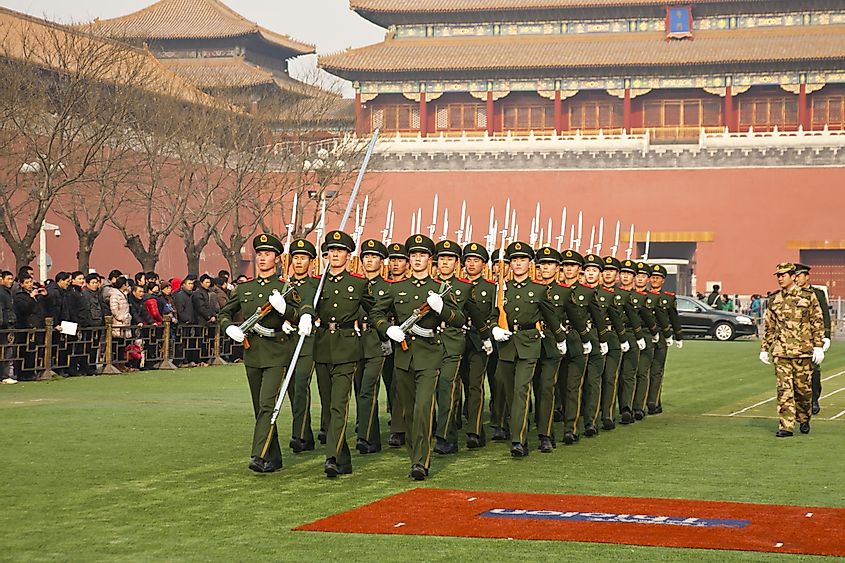Chinese soldiers are marching training for preparation of the national flag ceremony in Beijing, China.